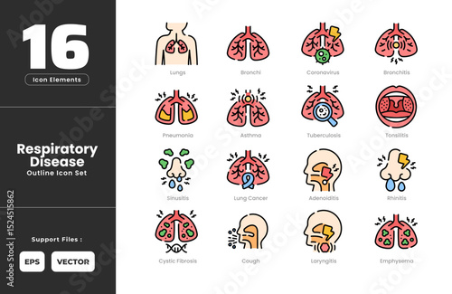 Respiratory Disease Symptoms Icon Set Collection - Outline Line Art Style. Containing Adenoiditis, Asthma, Bronchi, Bronchitis, Coronavirus, Cough, Cystic Fibrosis, Emphysema, Laryngitis, Lung Cancer.