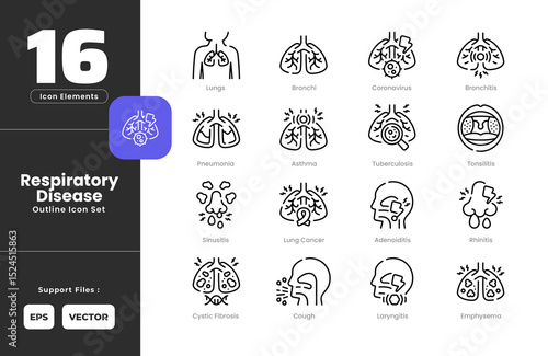 Respiratory Disease Symptoms Icon Set Collection - Outline Line Art Style. Containing Adenoiditis, Asthma, Bronchi, Bronchitis, Coronavirus, Cough, Cystic Fibrosis, Emphysema, Laryngitis, Lung Cancer.
