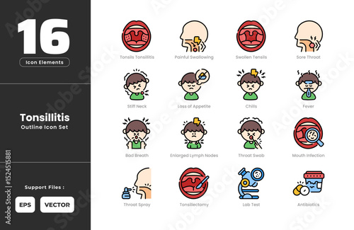 Tonsillitis Symptoms Icon Set Collection - Outline Line Art Style. Containing Fever, Headache, Appetite, Pus, Tonsils, Tonsillitis, Sore, Throat, Swollen, Tonsillectomy, Antibiotics, Breath, Lymph.