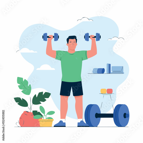 Healthy man lifting dumbbells home workout fitness exercise routine strong gym body mind sport power shape