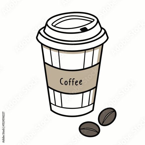 Stylized Disposable Coffee Cup and Coffee Beans, Isolated on Transparent Background