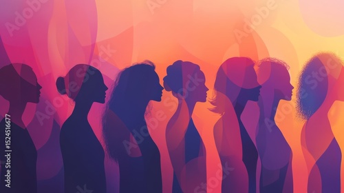 A powerful and artistic illustration of multiple womenâ€™s silhouettes standing together in unity, arranged in a row with overlapping layers, symbolizing strength, solidarity, and diversity