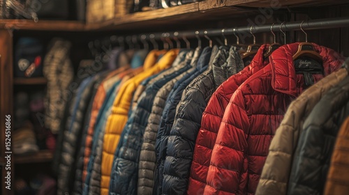 down jacket hanging on a hanger in a closet, commercial photo 