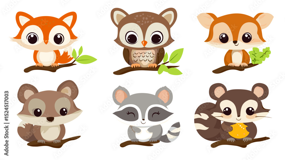 Fototapeta premium collection of six adorable forest creatures featuring a round owl perched on a branch, a sleepy fox curled into a ball, a curious raccoon holding a leaf, a cheerful deer fawn with big eyes
