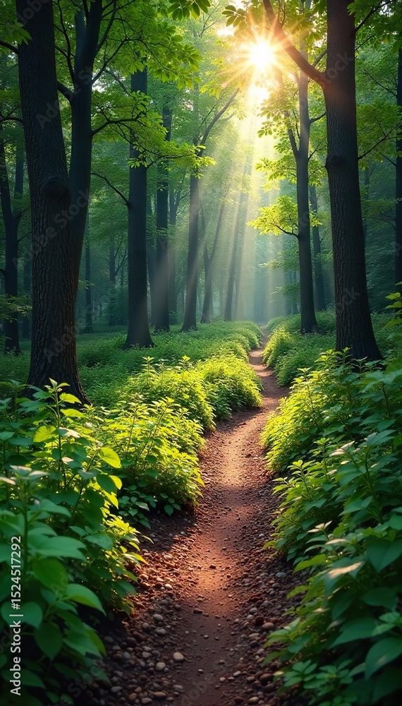 Obraz premium A scenic hiking trail winds through a lush forest, sunlight dappling the path ahead Discover tranquility and adventure on this idyllic woodland escape , calm, hiking, wanderlust