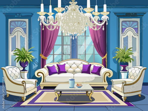 vector of Close-up of a living room with royal white sofas with a large chandelier