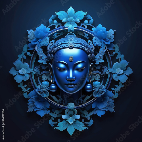 Elegant 3D Blue Buddha Face with Ornate Floral Frame