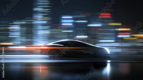 Futuristic vehicle gliding through city lights, embodying speed and urban innovation
