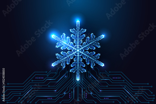 Smart climate and weather technology with snowflake and digital circuit board, vector illustration