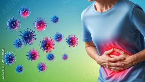 Woman clutching her belly suffering from abdominal pain, highlighted in red, caused by virus cells attacking her body, concept of viral infection and intestinal disease