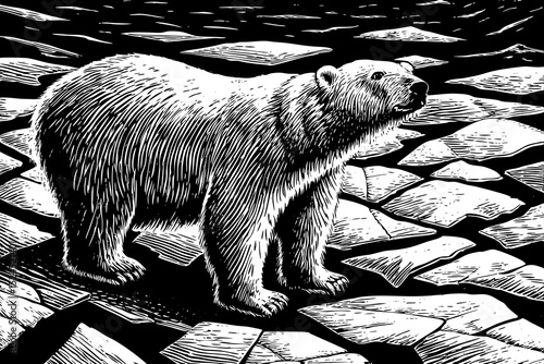 Black and white sketch vector of a standing polar bear on cracked arctic ice