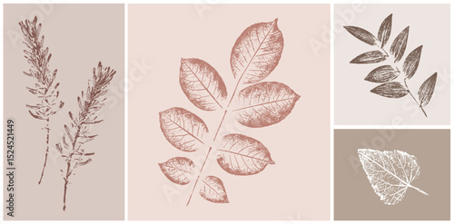 Hand drawn pink tan and brown floral prints of botanical illustration. Decorative set of rustic flowers and leaves pressed or stamped.