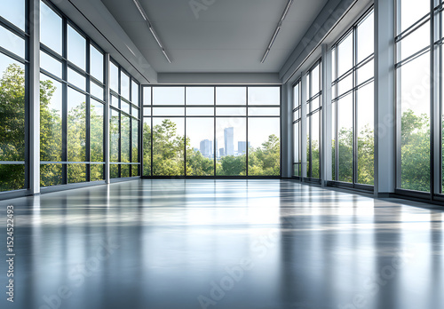Spacious  modern  empty office space with large windows and bright lighting  ideal for showcasing business concepts or architectural designs.   Generative AI