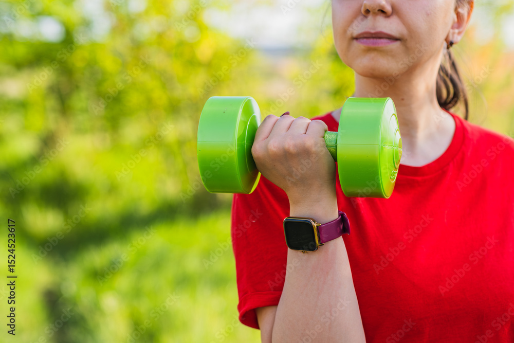 A woman wearing a red t-shirt lifts a green dumbbell while standing in a park on a sunny day. A woman wearing a red t-shirt lifts a green dumbbell while standing in a park on a sunny day.