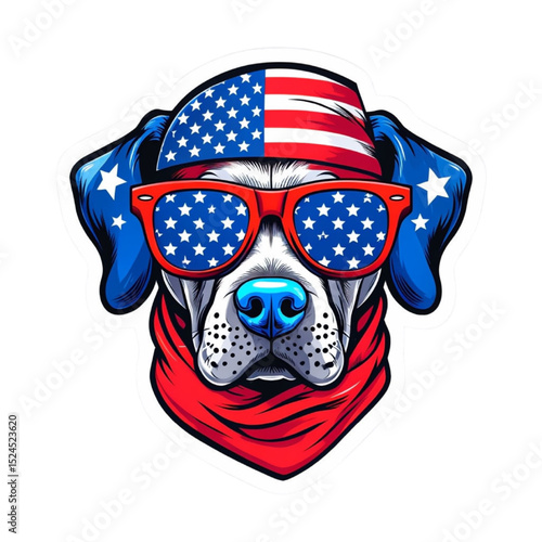 Fashionable dog in American patriotic style wearing glasses and a US flag turban 🇺🇸 PNG.