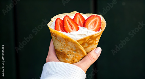 Hand Holding Street Food Crepes Filled with Strawberries and Cream
