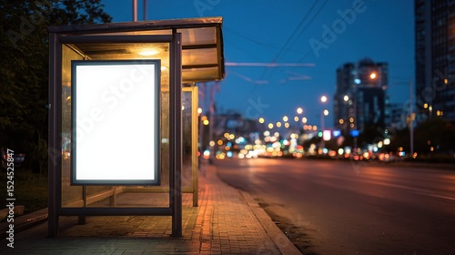An illuminated bus stop at night displays an empty billboard, set against city lights.