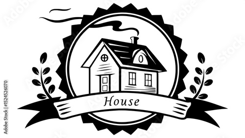 House silhouette inside a circle emblem
A minimalist house pair with overlapping roofs inside a black circle outline. The circle conveys completeness and unity. Text sits below the circle, maintaining
