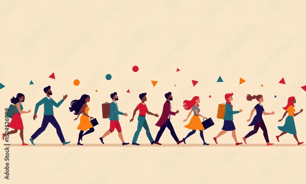 Colorful People Walking in a Line Style Colorful People Walking in a Line Style