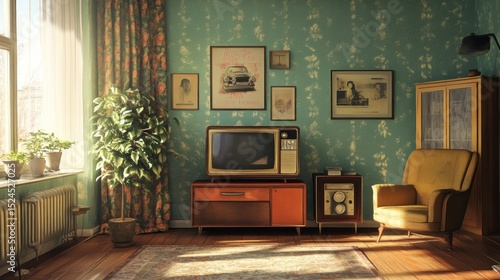 Nostalgic retro living room with vintage television, furniture and patterned wallpaper