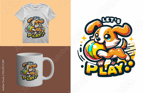 Lets Play Cute Cartoon Puppy Playing with Ball Clipart

