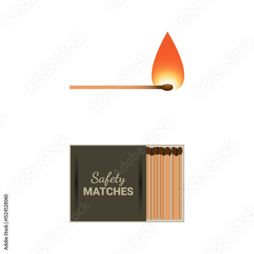 Burning Matchstick with Safety Matches Box Vector Illustration