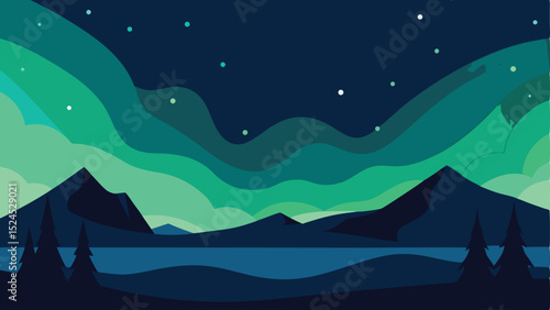 Colorful vector illustration of nighttime scenery with mountains and northern lights