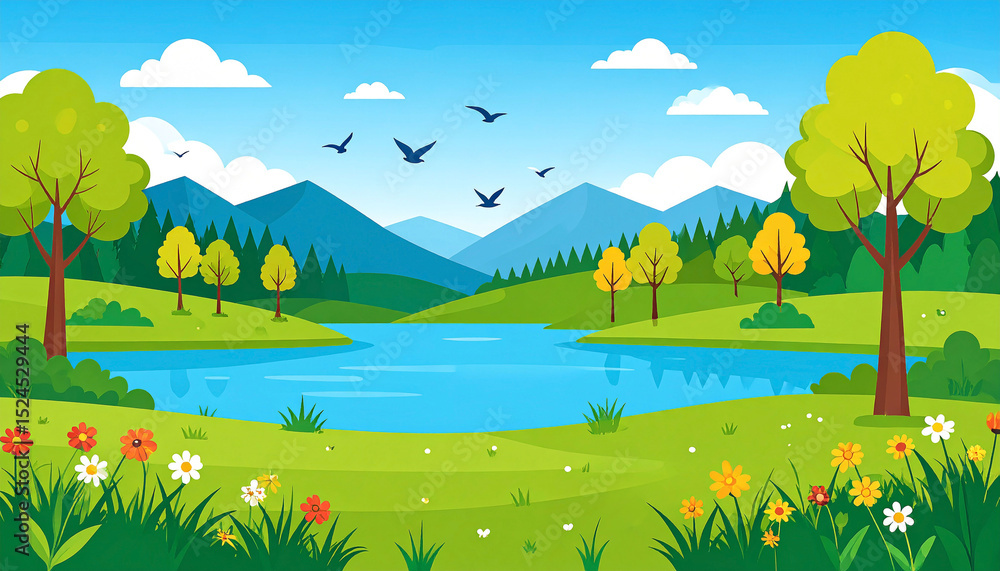 Naklejka premium Vibrant spring landscape featuring a serene lake nestled amongst lush green meadows, flowering plants, and a backdrop of majestic blue mountains under a bright, sunny sky with birds in flight