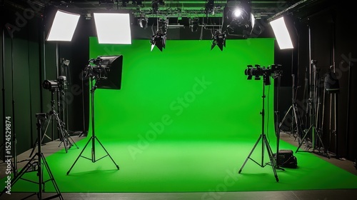 Professional film studio setup with green screen and cinematic lighting equipment