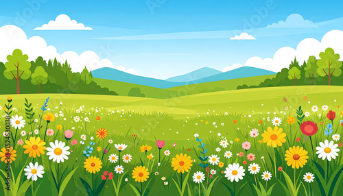 Vibrant spring meadow scene with diverse wildflowers in full bloom, nestled amidst rolling green hills and a bright blue sky, dotted with fluffy white clouds and lush green forests