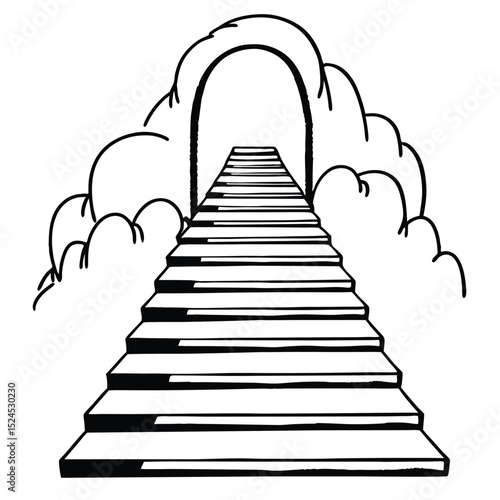 Ladder of success: conceptual 3D illustration of a winding stairway climbing to a door in the sky, representing the steps of a career path