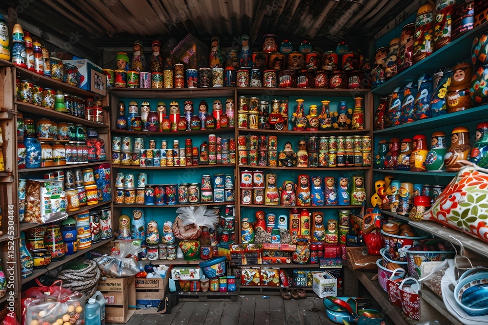 Fototapeta premium Russian Nesting Dolls Collection on Shelves - Matryoshka Dolls Souvenir Shop Display