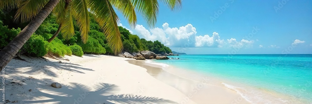 Naklejka premium Sun-drenched white sand beach, turquoise water lapping gently at the shore, lush tropical vegetation in the background Perfect for relaxation and escape , coast, tropical, warm