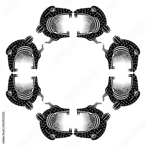 Geometrical frame design with heads of fantastic monsters. Black and white silhouette.