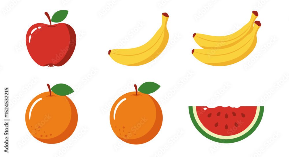 Vibrant Fruit Icons Apples, Bananas, Oranges, and Watermelon for Design Projects Vibrant Fruit Icons Apples, Bananas, Oranges, and Watermelon for Design Projects