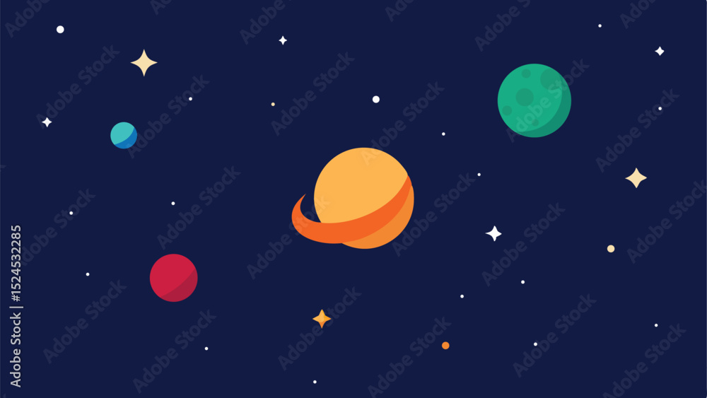 Fototapeta premium Minimal space scene illustration featuring stars, planets and crescent moon vector design