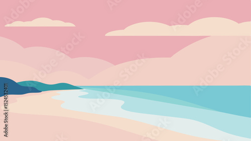 Minimalist beach landscape illustration with pastel hues and serene tranquility