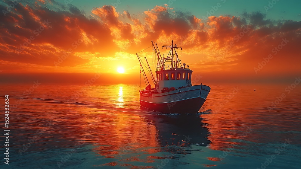 Obraz premium Fishing boat at sunset on the water