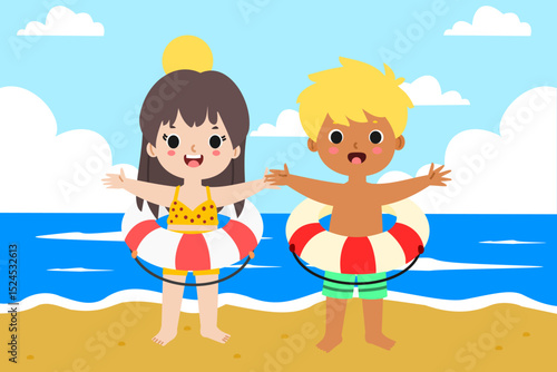 Kids playing with swim rings on the beach vector illustration