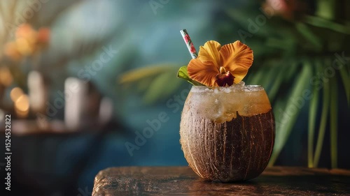 Refreshing tropical coconut cocktail with orange flower garnish and straw on rustic tabletop