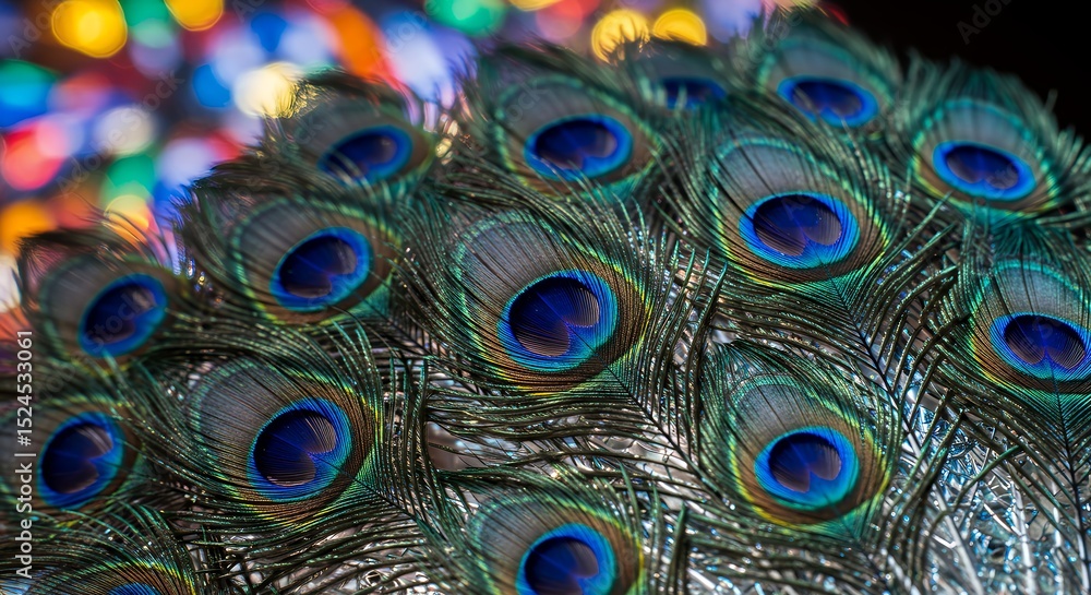 Obraz premium Stunning close-up of peacock feathers with iridescent eyespots and mirrored geometric patterns. Luxurious, vibrant, and artistic.