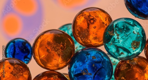 Vibrant close-up of glossy glass marbles in shades of orange and blue, with internal sparkling textures. Playful, colorful, and abstract.