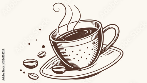 Handdrawn Illustration of a Cup of Coffee with Steam and Coffee Beans