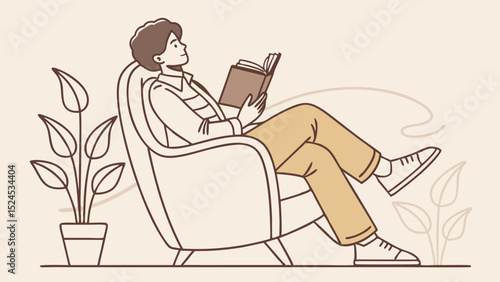 Man reading a book in an armchair with a plant nearby