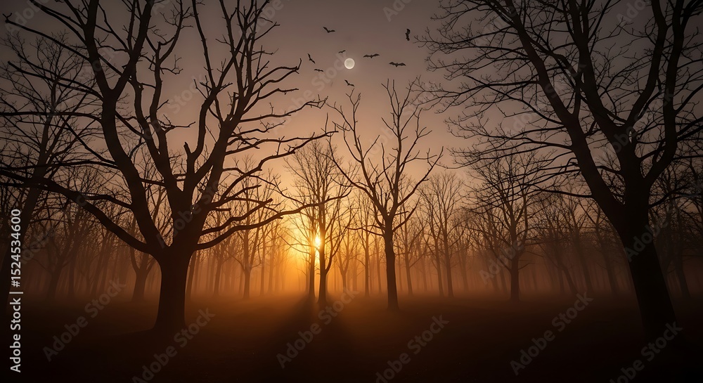 Mystical Sunset Silhouetted Trees in an Eerie Fog-Shrouded Forest Mystical Sunset Silhouetted Trees in an Eerie Fog-Shrouded Forest