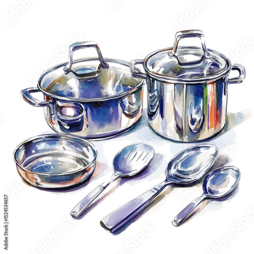 watercolor vector of Cookware Set, high quality, isolated on a white background.