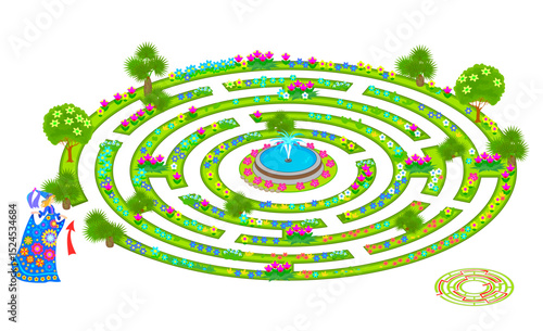 Best labyrinths. Can you help the princess find her way to the fountain in the park? Logic puzzle game for children. Brain teaser book with maze. Educational page. Kids activity sheet. Vector image.