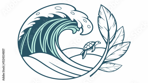 Stylized Sea Turtle Swimming Near a Crashing Ocean Wave