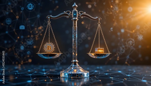 Cryptocurrency regulation concept digital scales balancing bitcoin and data