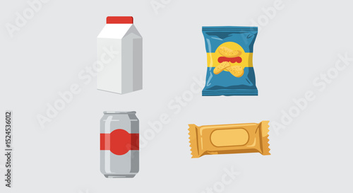 Snack Food Packaging Designs Milk Carton, Chips Bag, Can, and Candy Bar Wrapper Illustrations